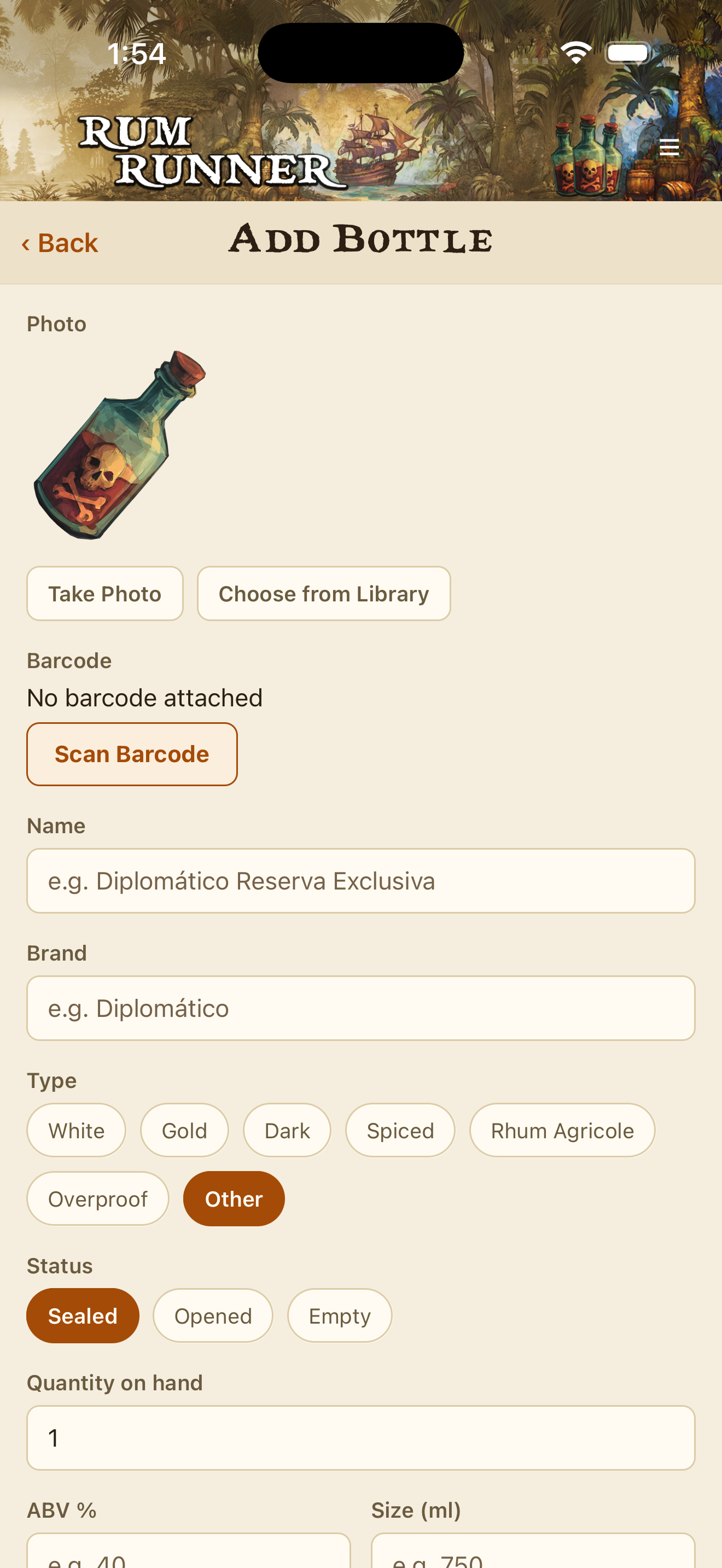 Add Bottle screen with barcode scan option