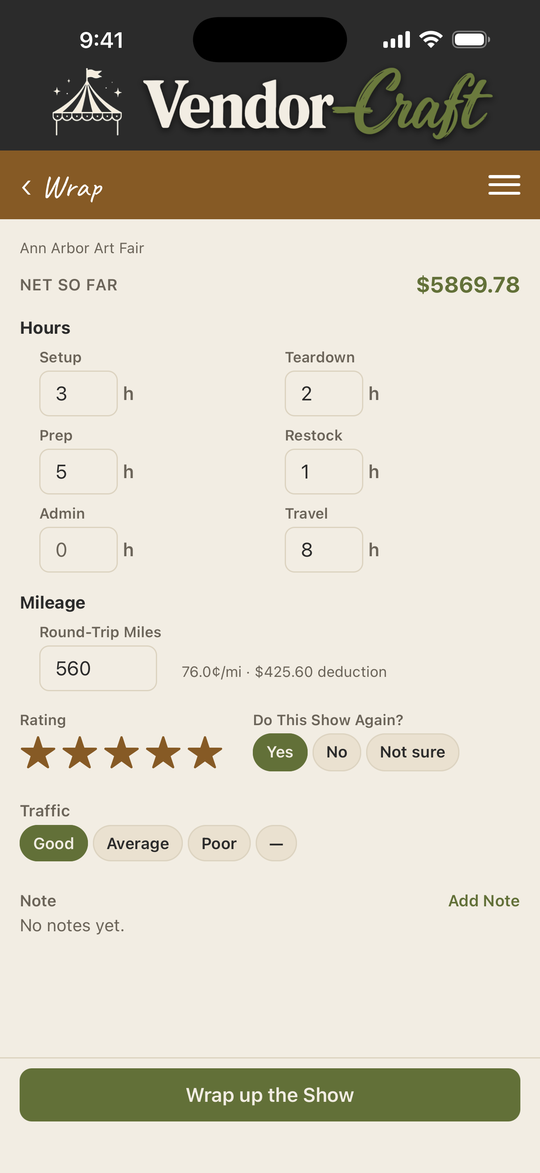 Wrap screen after a show: hours by task, round-trip mileage, a rating and whether to do the show again