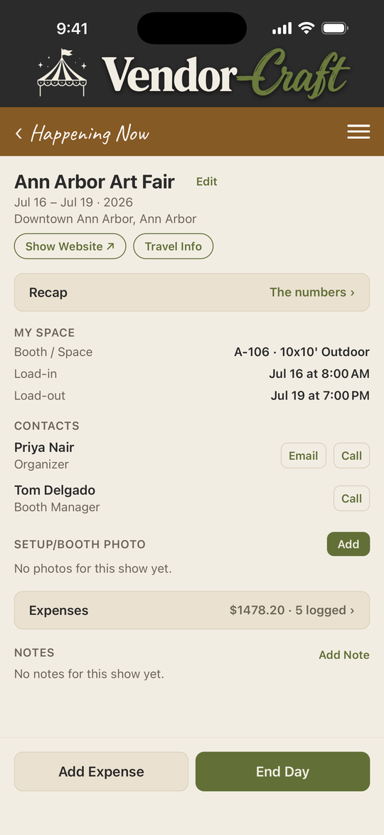 Happening Now screen during a show, with booth details, contacts and a button to end the day