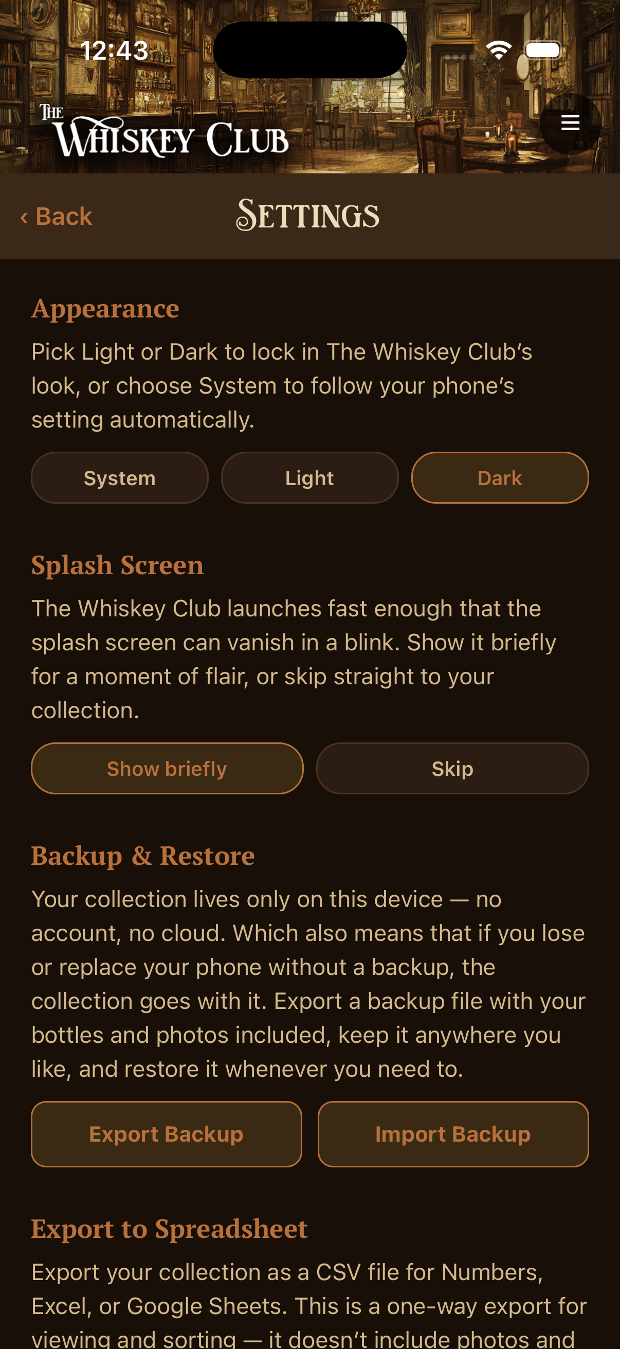 Settings screen with appearance and backup options